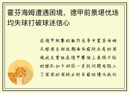 霍芬海姆遭遇困境，德甲前景堪忧场均失球打破球迷信心